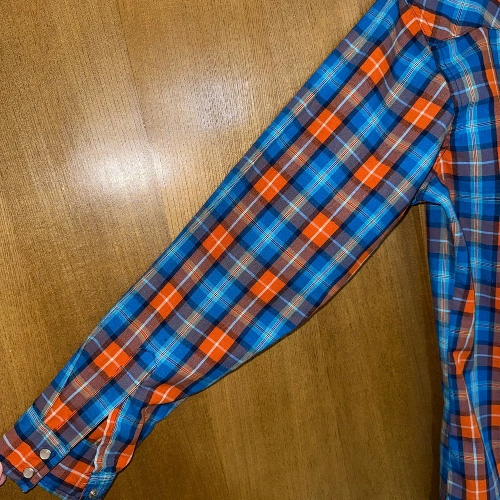 Wrangler Kids Youth Western Plaid Pearl Snap Shirt XL (14-16) Orange Blue - Picture 8 of 9